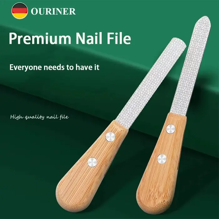 Lime à ongles Double face en acier inoxydable, avec poignée en bambou, outil de polissage des ongles