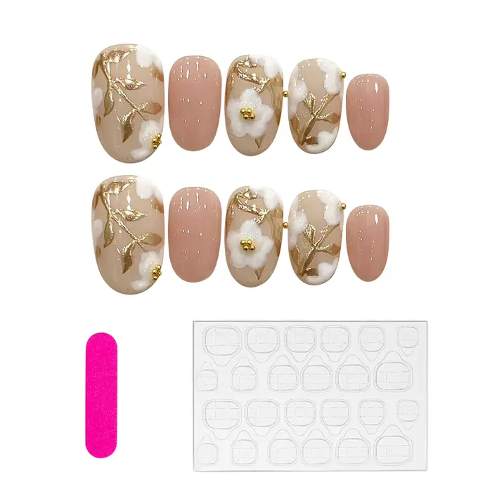 Faux ongles courts et ronds faits à la main pour femmes, patchs à fleurs blanches, rose brillant, rose nude doux, portable, N64.