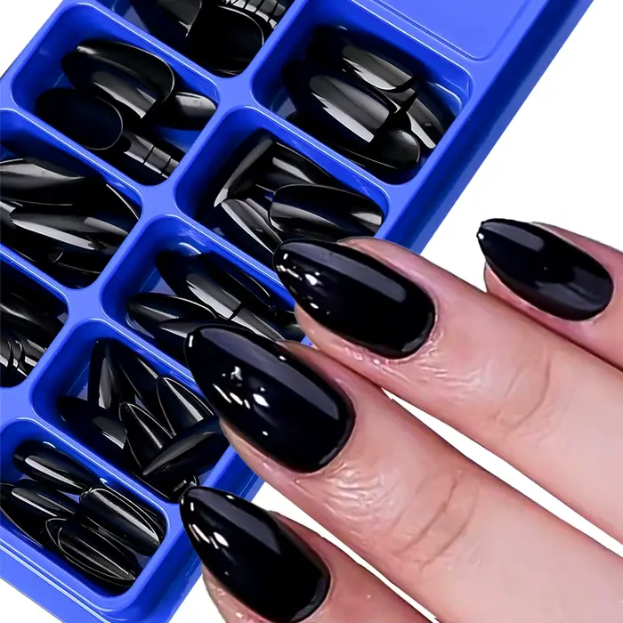 100 pièces presse à la main sur les ongles noir français amande couleur unie mi-longue artificielle faux