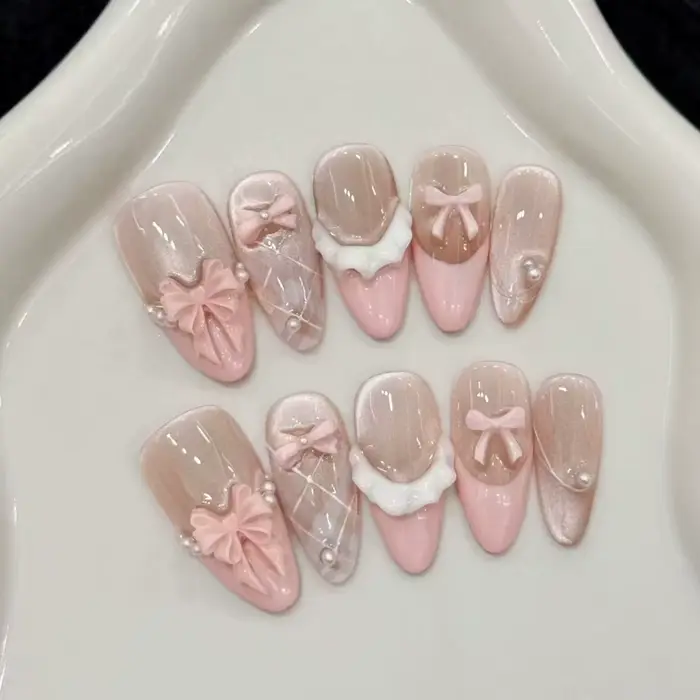24 faux ongles en amande avec nœud et perles, design mignon pour filles, ongles à presser roses, fau