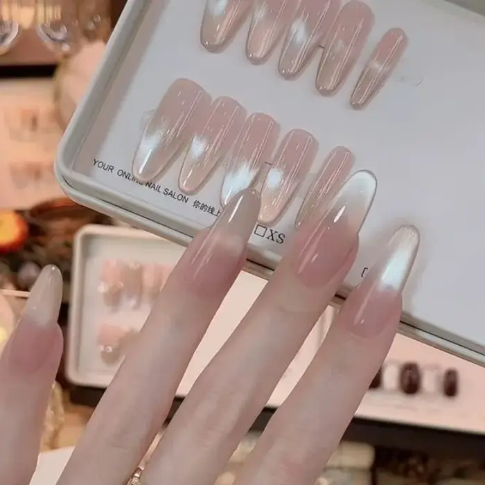 Handmade Press on Nails Nude Cat Eye Aesthetic False