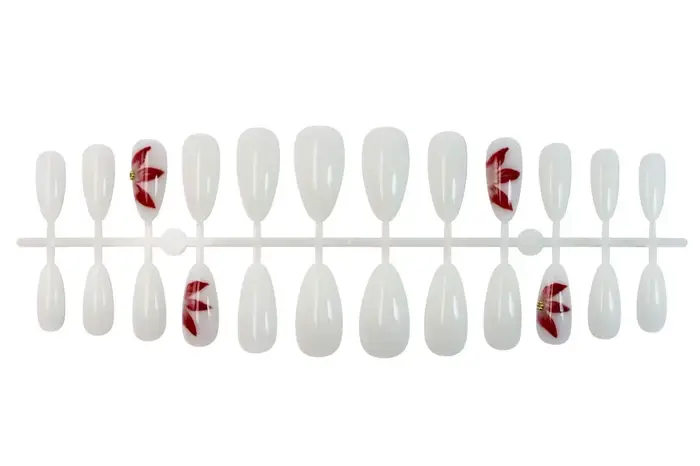 24 faux ongles ovales blancs mats avec décorations de fleurs de lys rouges peintes à la main