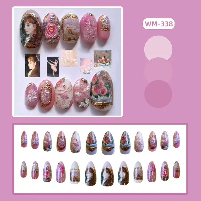 24 pièces série de peinture à l'huile européenne faux ongles doux Rose amande