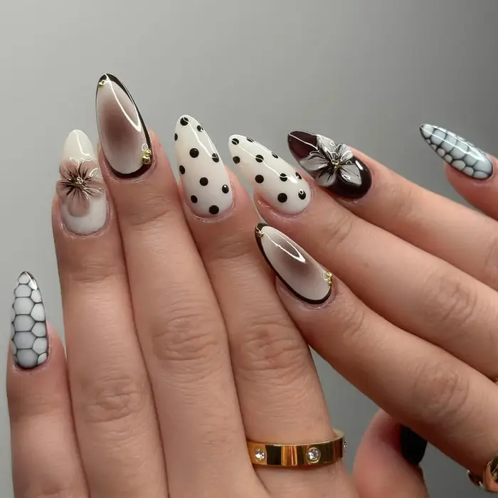 24 pièces à la mode 3D sculpté fleur faux ongles rétro rouge à pois français presse