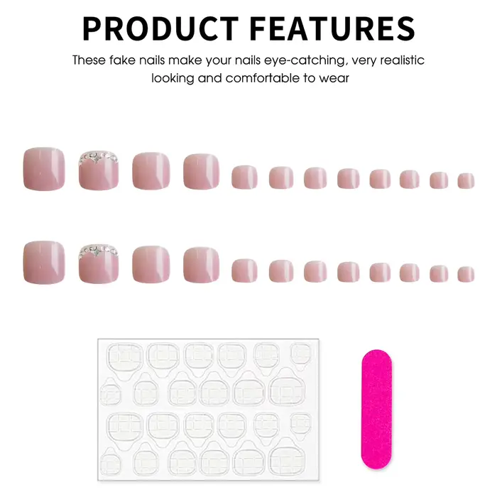 Presse d'été sur les ongles des orteils pour femme 24 pièces couleur rose chair faux