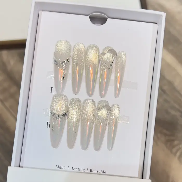 10 pièces yeux de chat français faux ongles bricolage à la main strass faux ongles Aurora presse sur