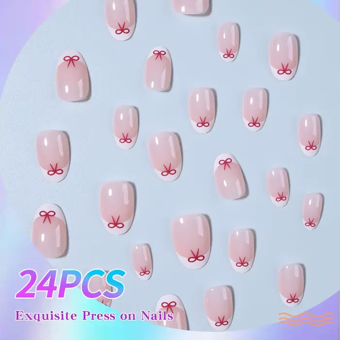24 morceaux de pointes d'ongles courtes en forme d'amande avec des motifs de nœud rouge