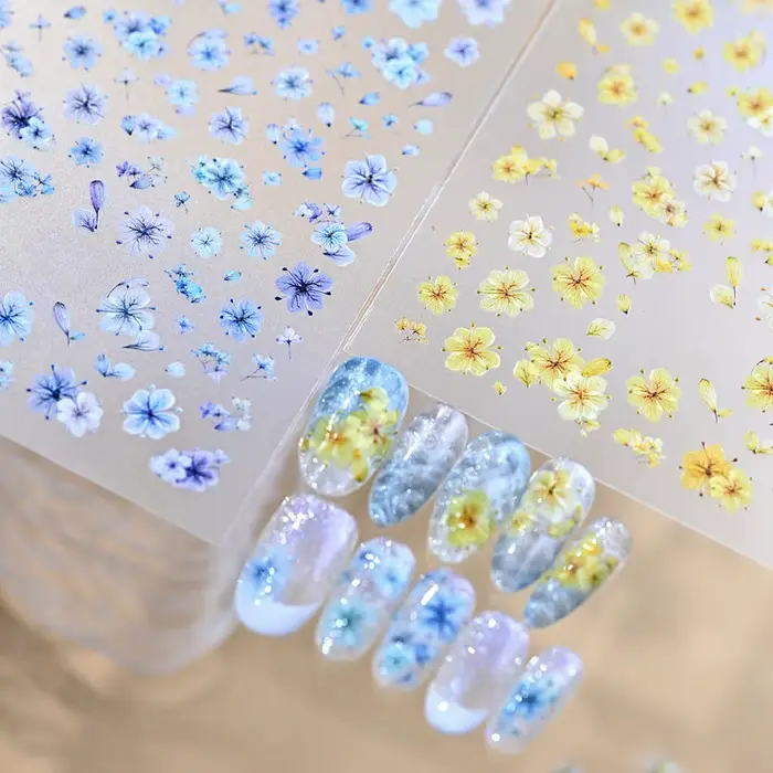 Autocollants 5D pour ongles à fleurs séchées colorées Rose/Bleu/Violet/Vert/Jaune – Décorations florales mignonnes pour manucure printanière