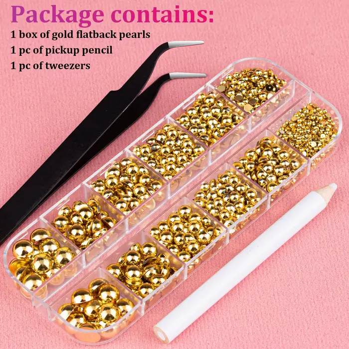 12 grille/boîte 3D or argent demi-rondes perles en acier breloques pour ongles 2-8MM Flatback perle