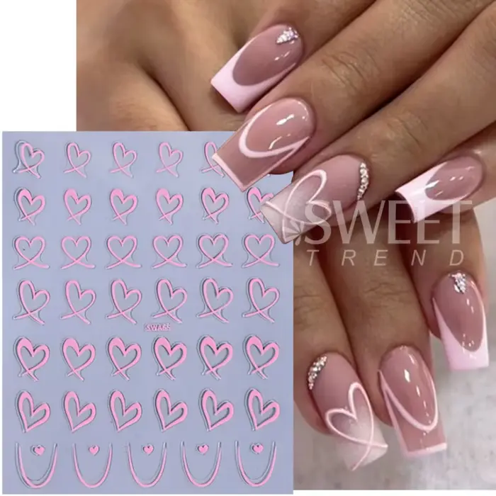 3 pièces saint valentin Nail Art autocollants 3D noir blanc rose lignes amour coeur ongles décalcomanies bricolage adhésif curseur manucure décorations