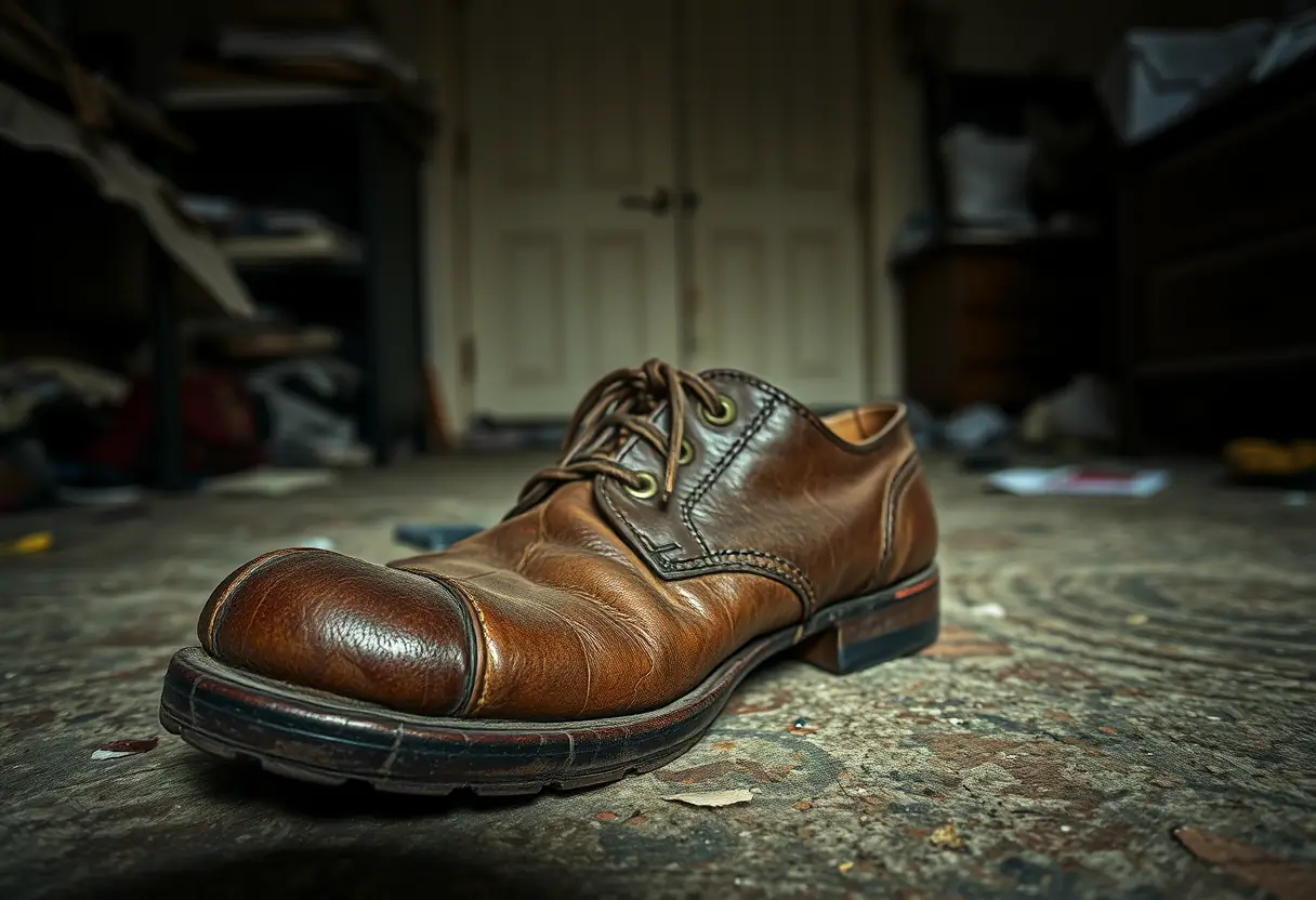 Un vieux chaussure usée sur un sol encombré, soulignant les mycoses des ongles