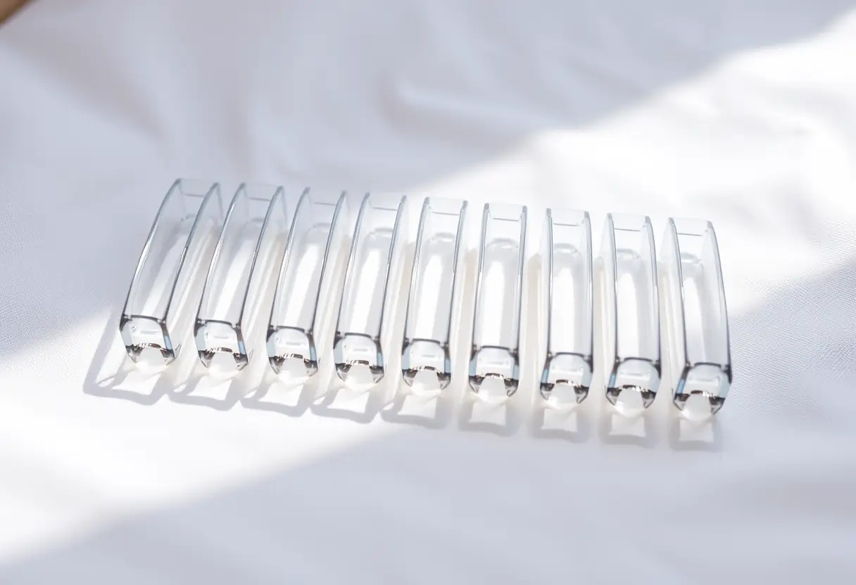Bandelettes transparentes bien rangées sur un tissu blanc en plein jour