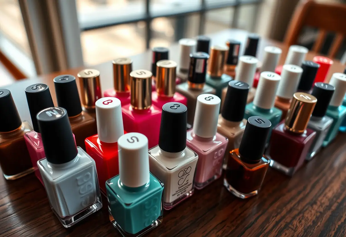 Vue d'ensemble d'une collection de bouteilles de vernis à ongles disposées sur une table en bois