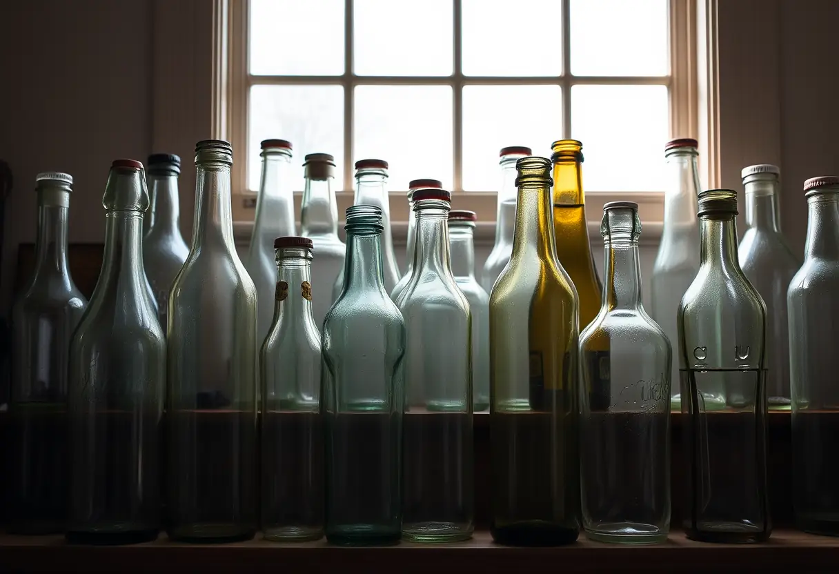 Bouteilles vides sur étagère de rangement