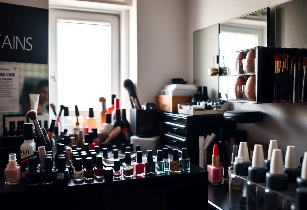 Un espace vestiaire avec des produits de maquillage et de vernis à ongles pour chanteuses, texte alternatif pour les malvoyants