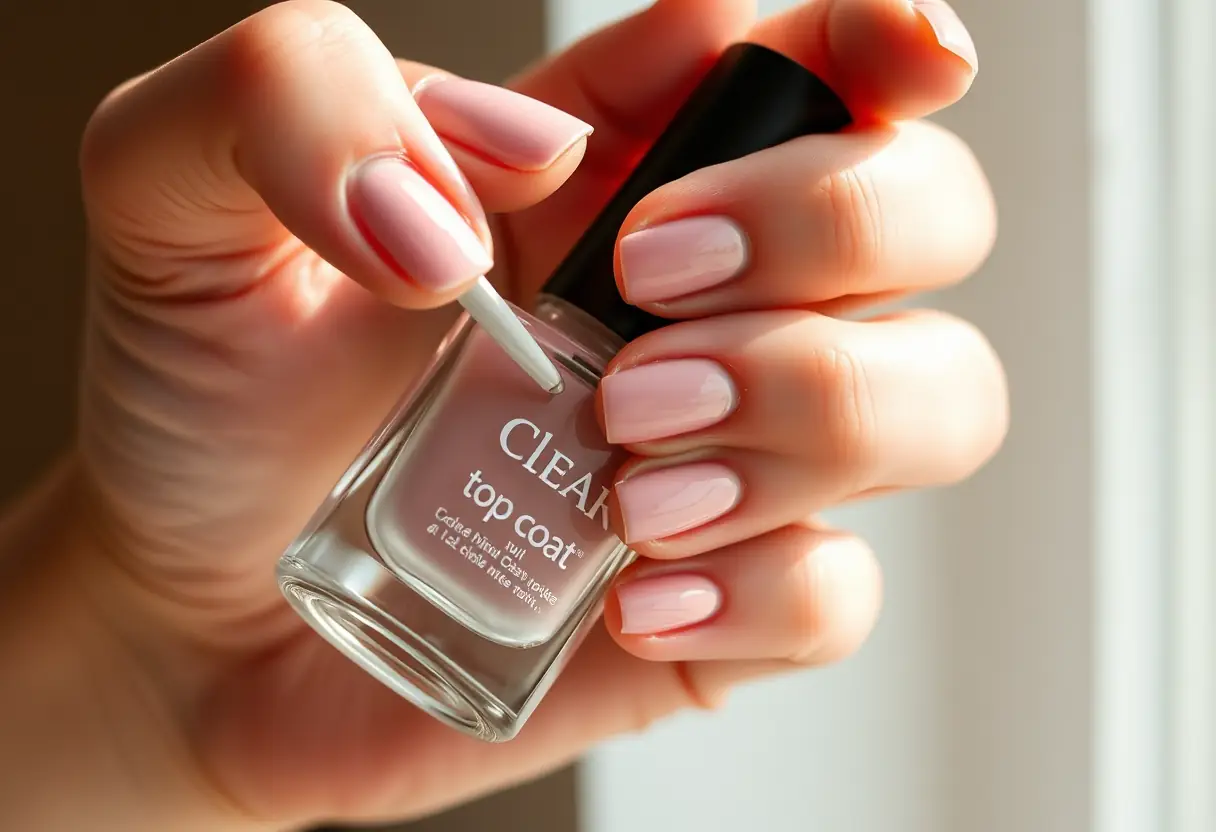Main appliquant un top coat clair sur des ongles vernis